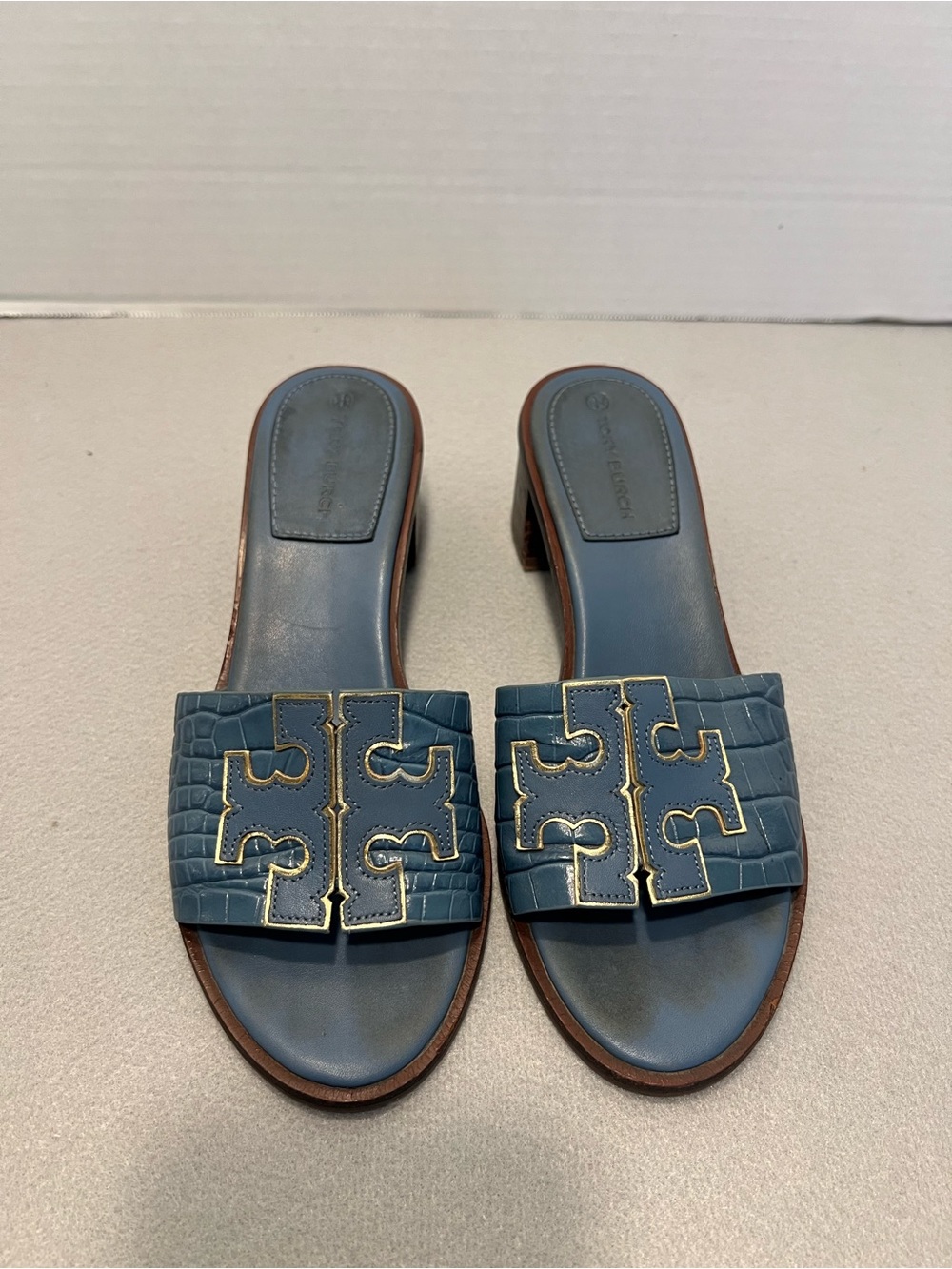Tory Burch Ines 55mm Croc Emboss Calf Nappa Leather Denim Blue Slide Size 8